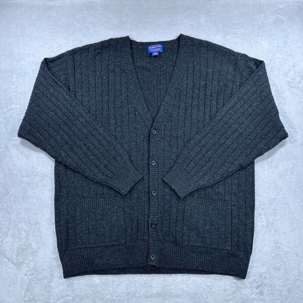Pendleton Cardigan Men XXL Charcoal Grey Lambswool Ribbed V-Neck Button Front
